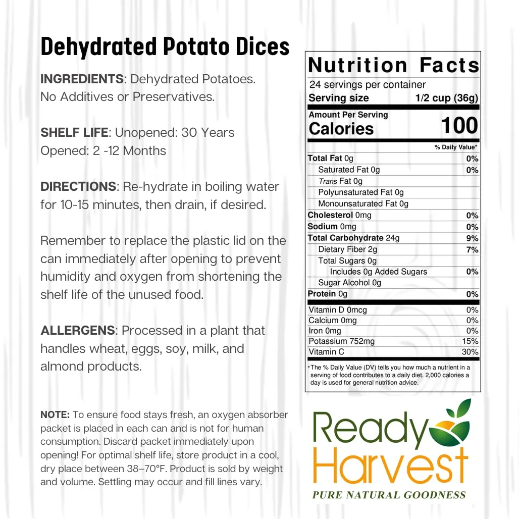 Ready Harvest Dehydrated Potato Dices, Canned Diced Potatoes, Dried Potatoes, Dehydrated Foods For Long-Term Storage, Camping Supplies, Survival Food, #10 Can | 25-Year Shelf Life | 1 Can