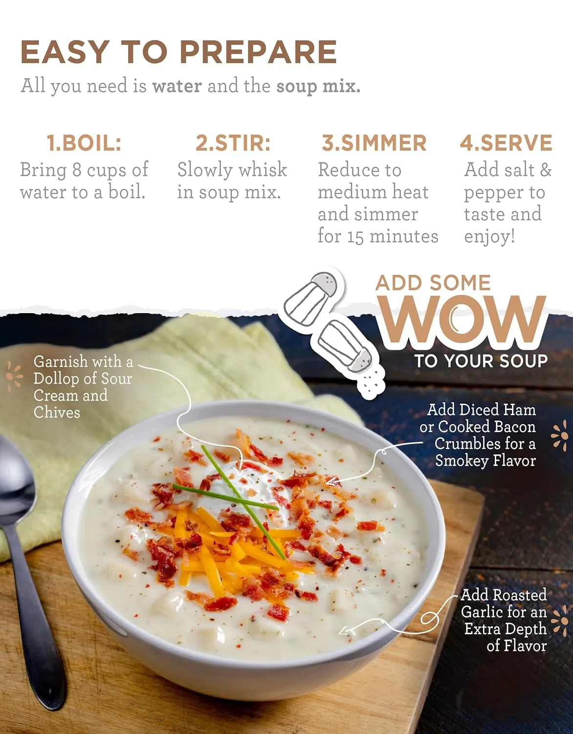 READYWISE - Simple Kitchen, Soup Favorites, Variety Pack, 8 Servings Per Pouch, Soup Mix, Family Size, MRE, Freeze Dried Food, Ready To Eat Meals, Hiking & Backpacking Food, Soup for Family, Pack of 4