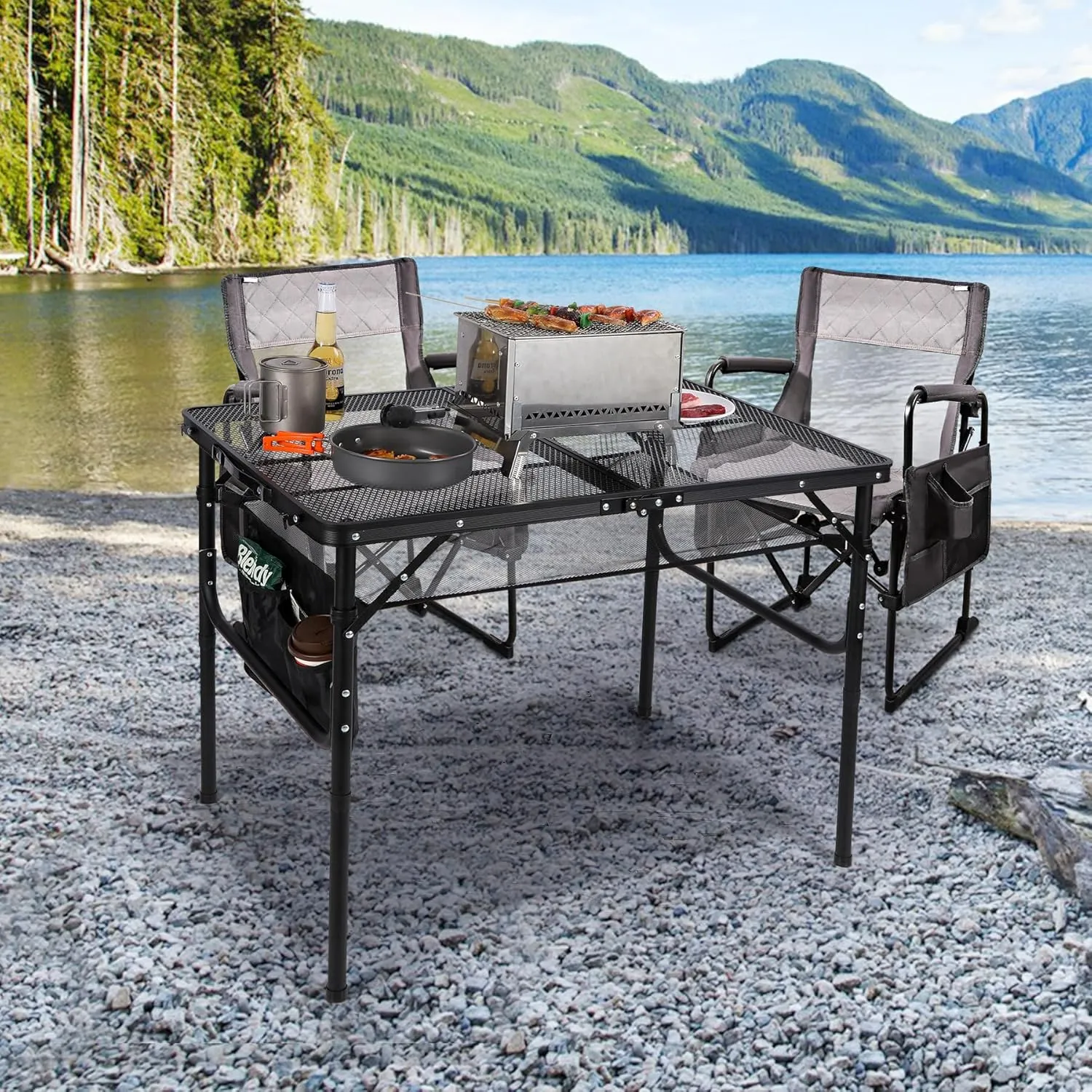 RedSwing Folding Grill Table,Aluminum Portable Grill Stand Table for Outdoor Camping Picnic BBQ Lightweight, Adjustable Height, 36''x24''x16/28'', Black