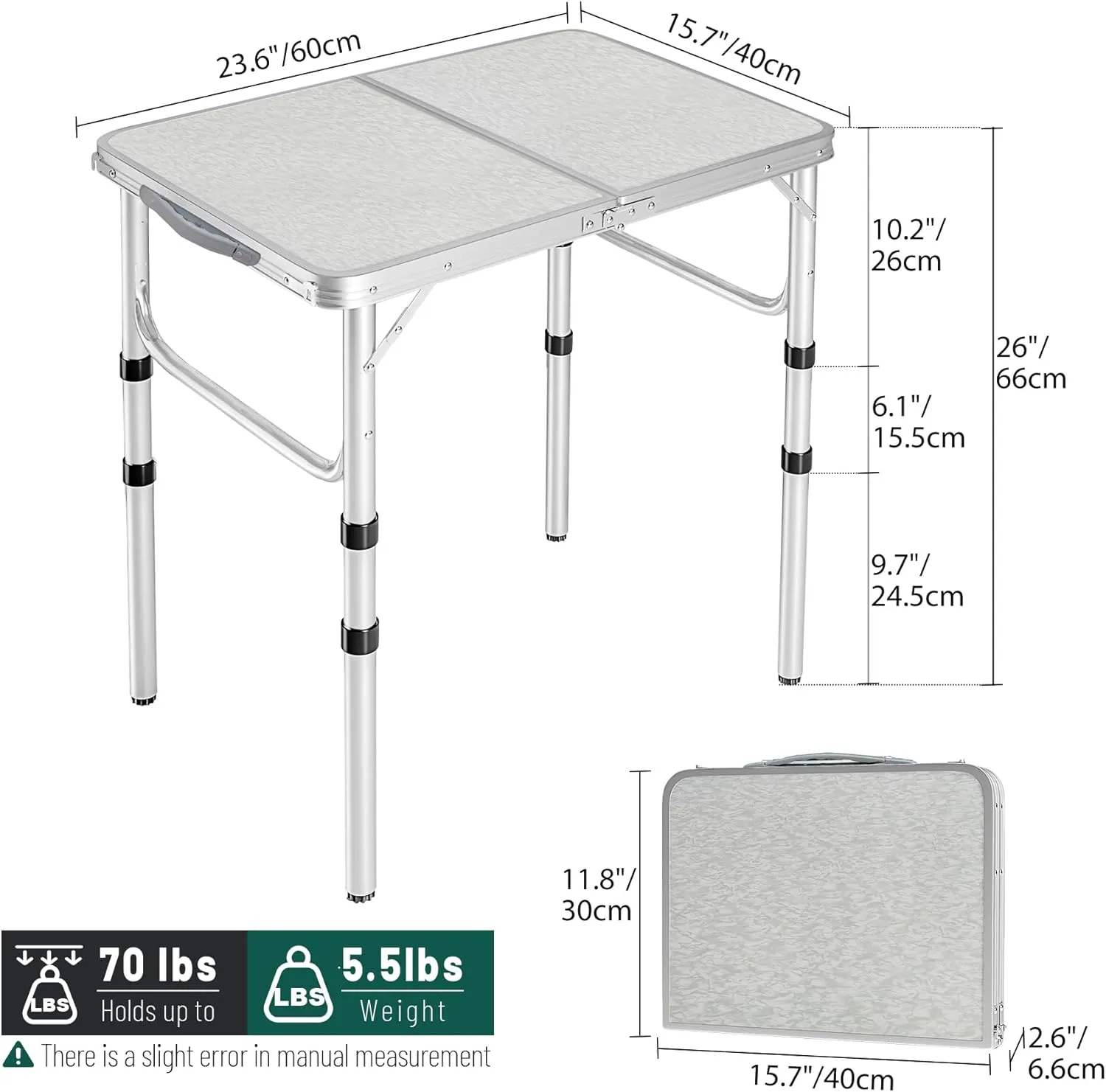 RedSwing Small Folding Table 2 Feet, Small Foldable Table Adjustable Height, Lightweight Portable Aluminum Camping Table, 3 Heights, 23in x 15 in x 10 in