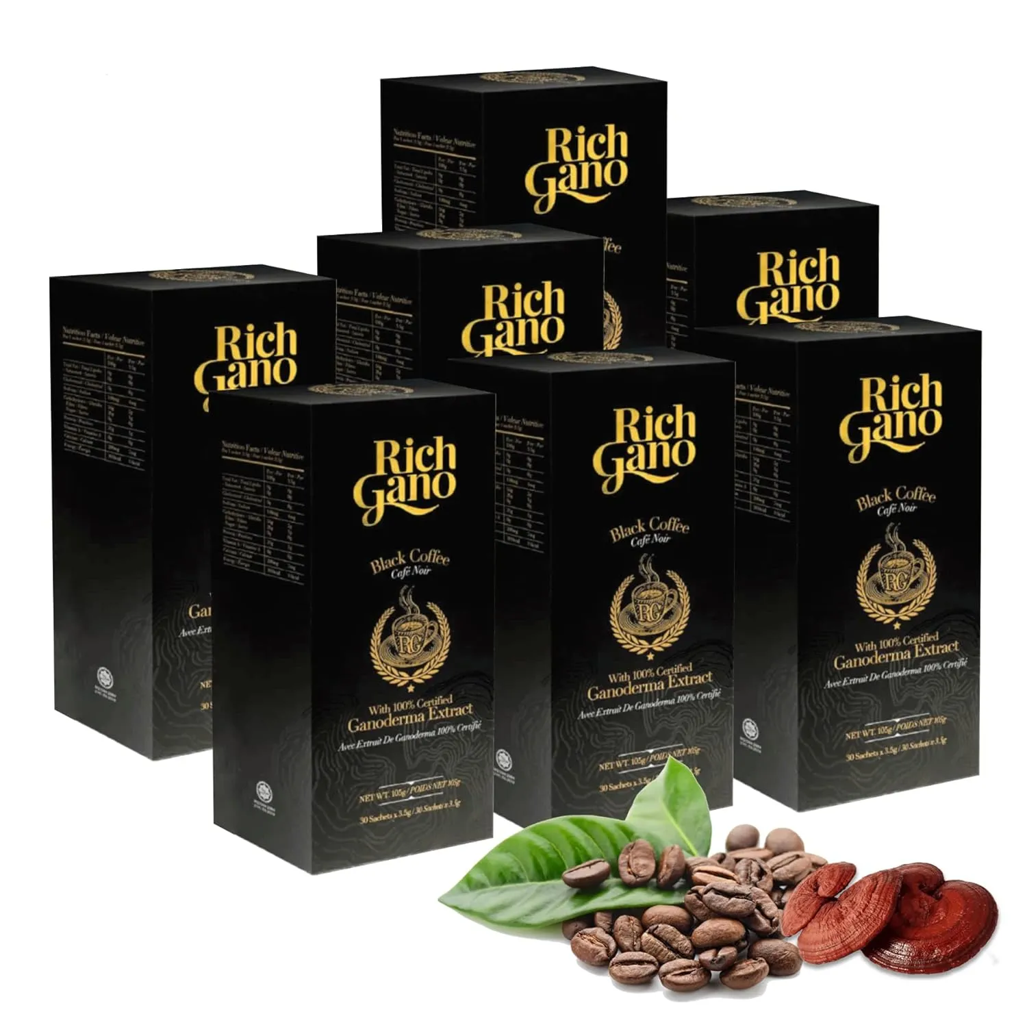Reishi Mushroom Coffee – (7 Boxes of 30 Sachets) Black Coffee with Ganoderma Extract – All Natural Vegan Friendly Instant Coffee Packets – Zero Jitters Energize Support