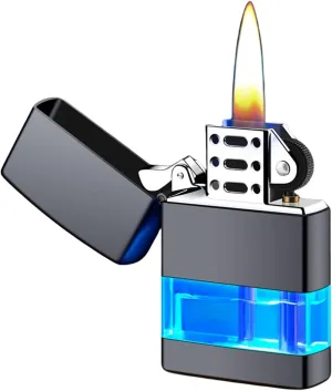 Retro Open Flame Lighter, Butane Lighter with Windproof Design - Durable Metal Material - Butane Blowtorch Lighter with LED Blue Light Gas Chamber, (Color : A)