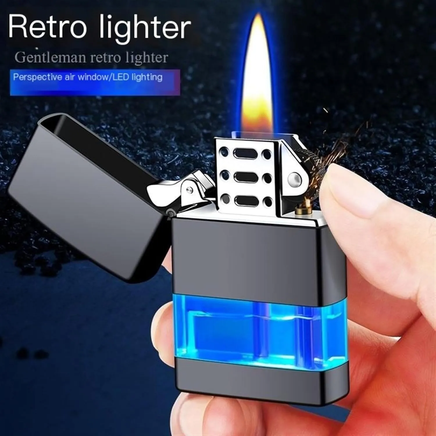 Retro Open Flame Lighter, Butane Lighter with Windproof Design - Durable Metal Material - Butane Blowtorch Lighter with LED Blue Light Gas Chamber, (Color : A)