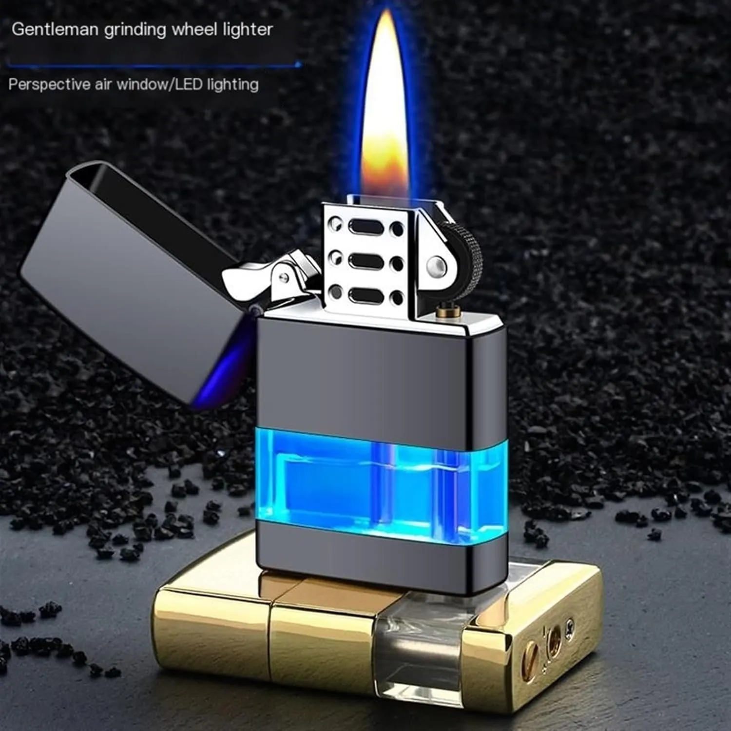 Retro Open Flame Lighter, Butane Lighter with Windproof Design - Durable Metal Material - Butane Blowtorch Lighter with LED Blue Light Gas Chamber, (Color : A)