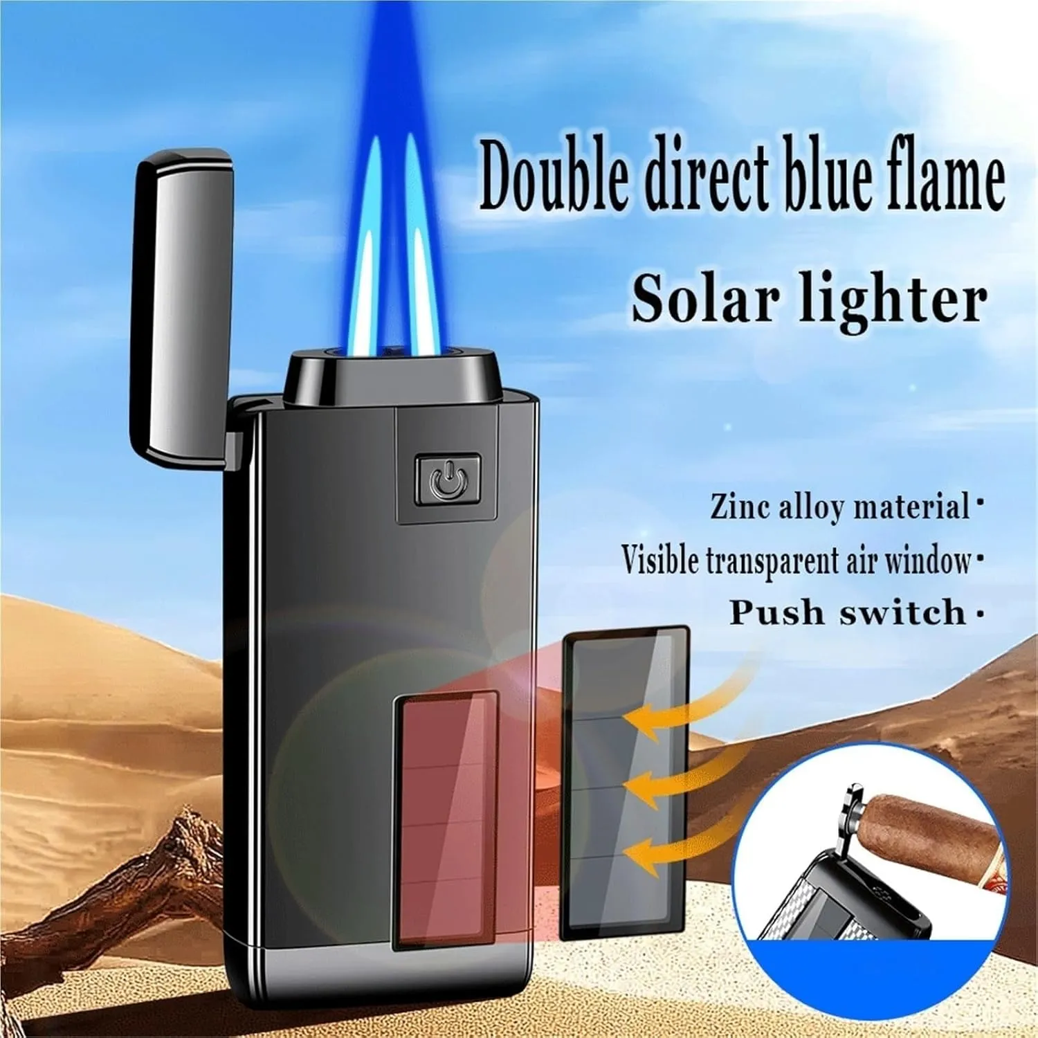 Retro Solar Dual Flame Butane Lighter with Transparent Air Window, Multi-Function Adjustable Flame Convenient Lighter with Metal Flip Cap, Gift for Men (Fuel Not Included)(White)