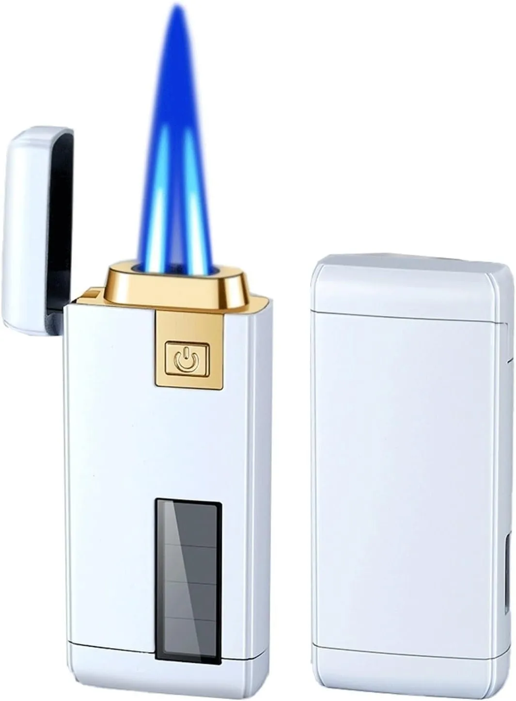 Retro Solar Dual Flame Butane Lighter with Transparent Air Window, Multi-Function Adjustable Flame Convenient Lighter with Metal Flip Cap, Gift for Men (Fuel Not Included)(White)