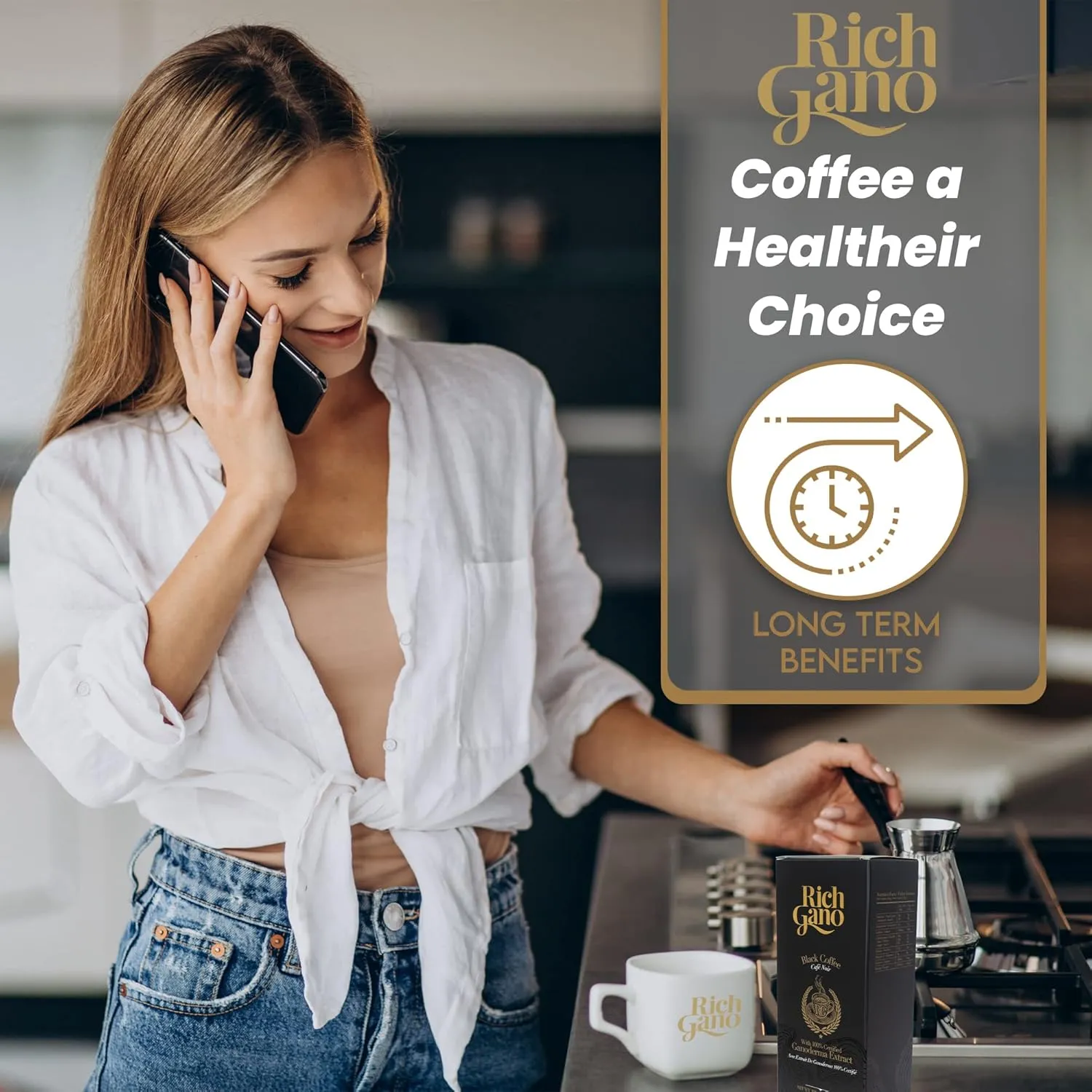 Rich Gano Reishi Mushroom Coffee – (1 Box of 30 Sachets) Black Coffee with Ganoderma Extract – All Natural Vegan Friendly Instant Coffee Packets – Zero Jitters Energize Ganoderma
