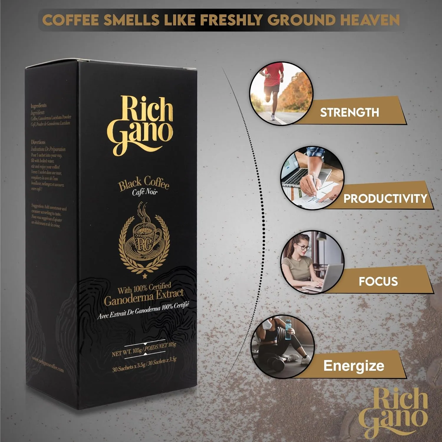 Rich Gano Reishi Mushroom Coffee – (3 Boxes of 30 Sachets) Black Coffee with Ganoderma Extract – All Natural Vegan Friendly Instant Coffee Packets – Zero Jitters Energize Ganoderma