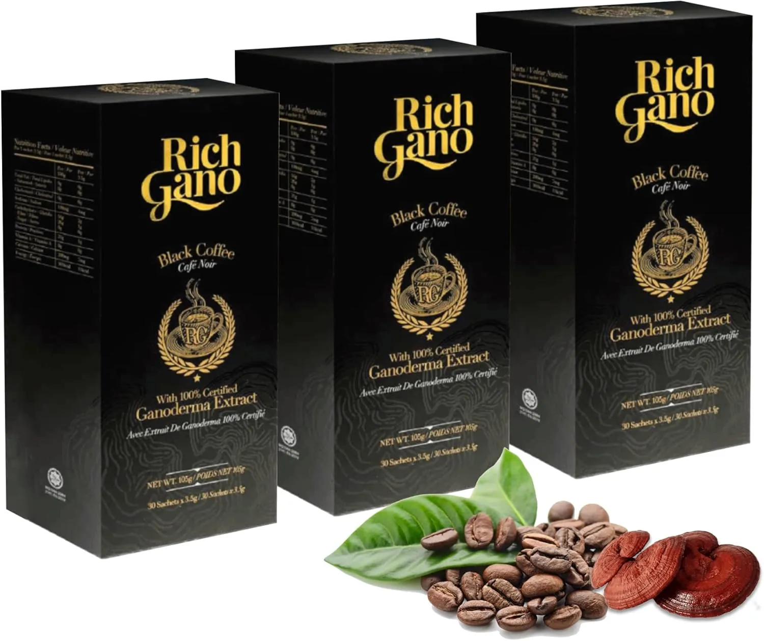 Rich Gano Reishi Mushroom Coffee – (3 Boxes of 30 Sachets) Black Coffee with Ganoderma Extract – All Natural Vegan Friendly Instant Coffee Packets – Zero Jitters Energize Ganoderma