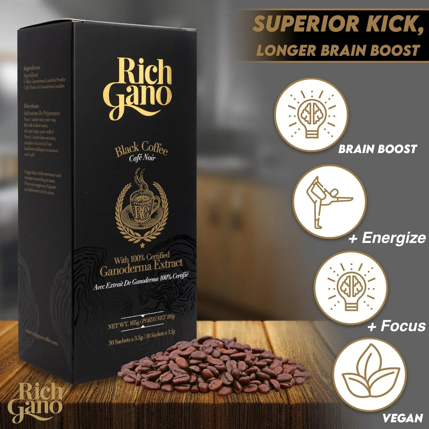 Rich Gano Reishi Mushroom Coffee – (3 Boxes of 30 Sachets) Black Coffee with Ganoderma Extract – All Natural Vegan Friendly Instant Coffee Packets – Zero Jitters Energize Ganoderma