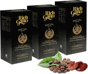 Rich Gano Reishi Mushroom Coffee – (3 Boxes of 30 Sachets) Black Coffee with Ganoderma Extract – All Natural Vegan Friendly Instant Coffee Packets – Zero Jitters Energize Ganoderma