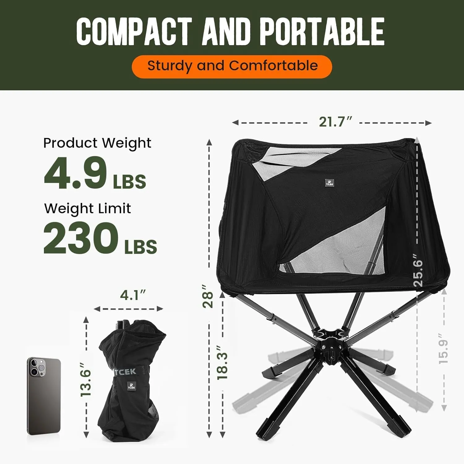 RiseLite Adjustable Portable Chair - Small Compact Folding Chair for Adults, Setup in 6 Seconds, Lightweight Outdoor Backpack Chairs for Camping, Travel, Hiking, Concert