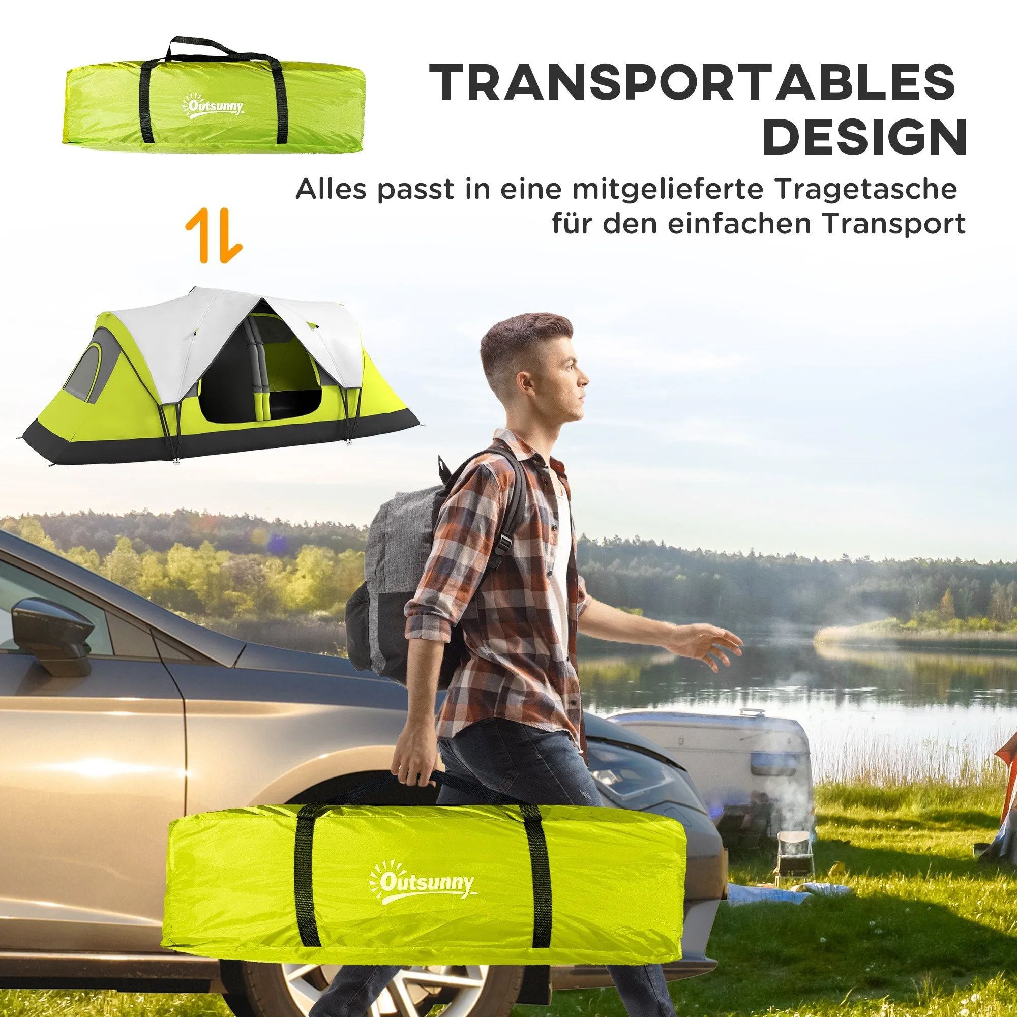 Rootz Camping Tent - 2 Room Shelter - Outdoor Canopy - Rain Protection - Dark Green - 450cm x 215cm x 180cm