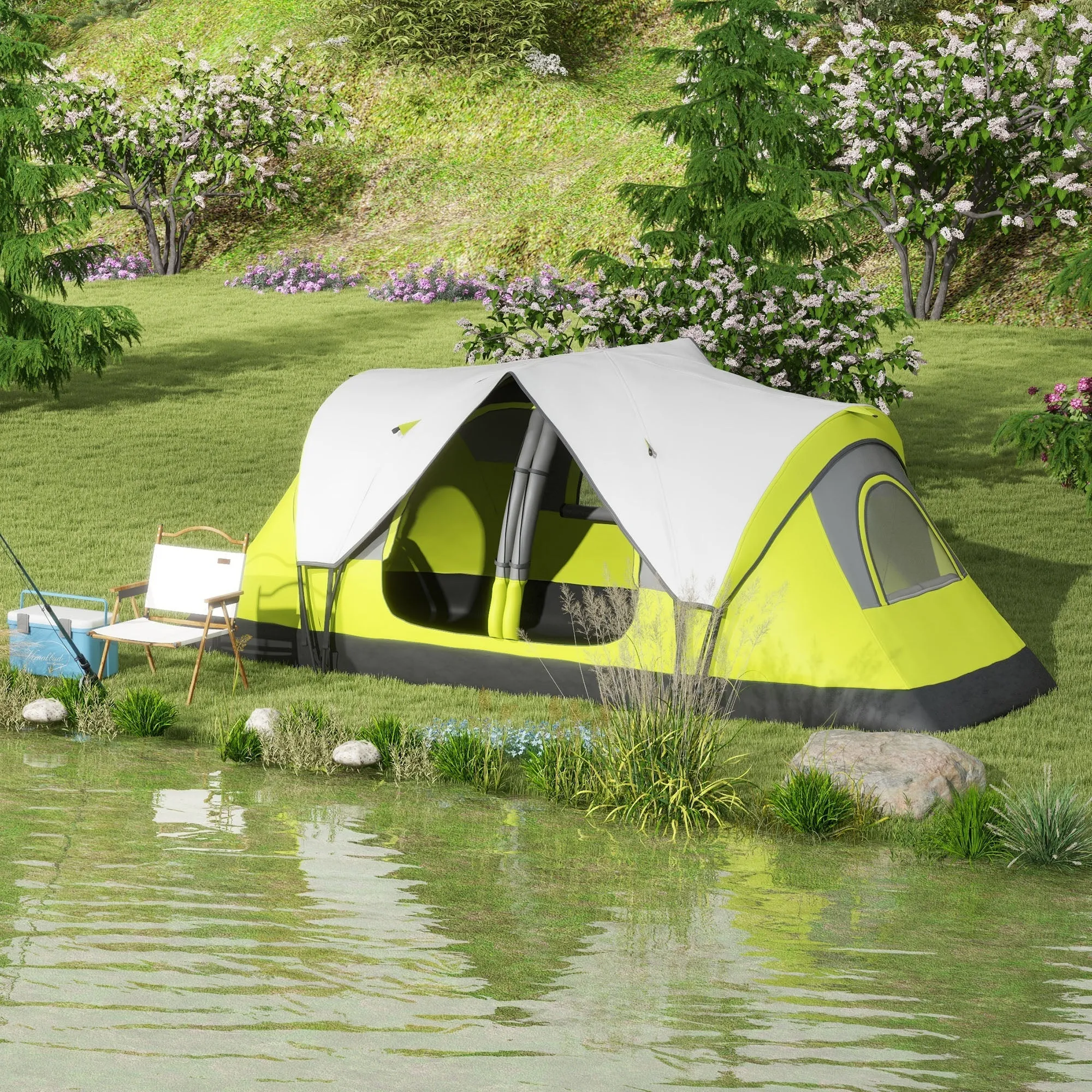 Rootz Camping Tent - 2 Room Shelter - Outdoor Canopy - Rain Protection - Dark Green - 450cm x 215cm x 180cm