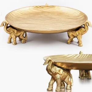 Round Decorative Tray with Elephant Stands - Gold Tray for Coffee Table, Home Decor, Centerpiece, Living or Dining Room, Serving Platter, & More - Circular Tray with Symbolic Elephants - Yellow Gold