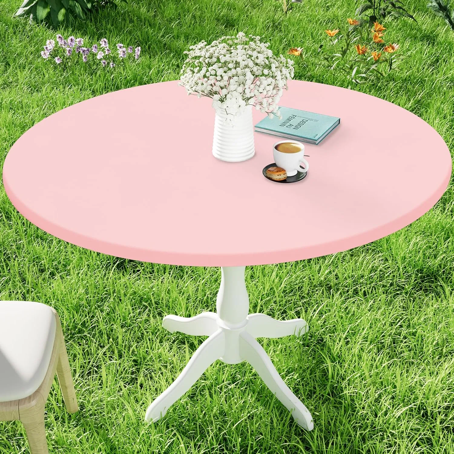 Round Spandex Table Cloth, Elastic Fitted Waterproof Tablecloths for 45"-56" Tables, Stretch Washable Picnic Table Cover for Camping, Dining, Indoor and Outdoor, Pink