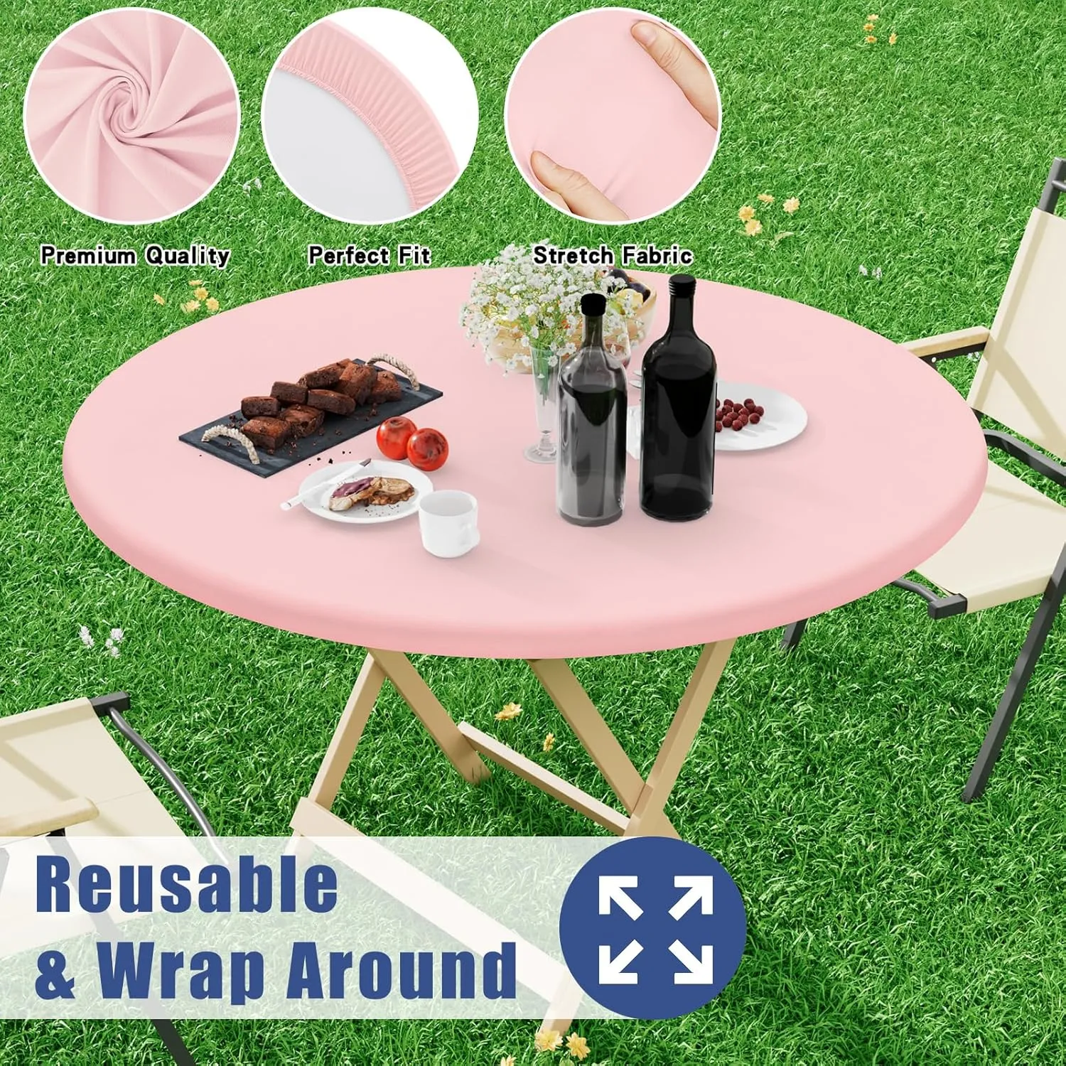 Round Spandex Table Cloth, Elastic Fitted Waterproof Tablecloths for 45"-56" Tables, Stretch Washable Picnic Table Cover for Camping, Dining, Indoor and Outdoor, Pink
