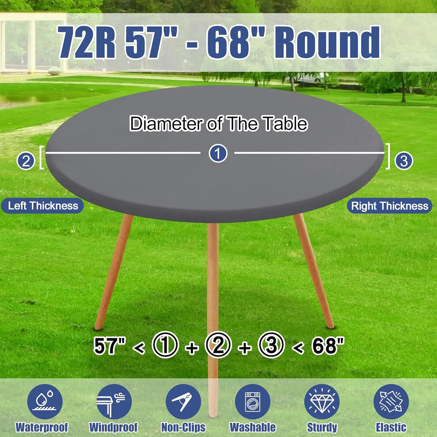 Round Spandex Table Cloth, Elastic Fitted Waterproof Tablecloths for 57"-68" Tables, Stretch Washable Picnic Table Cover for Camping, Dining, Indoor and Outdoor, Grey