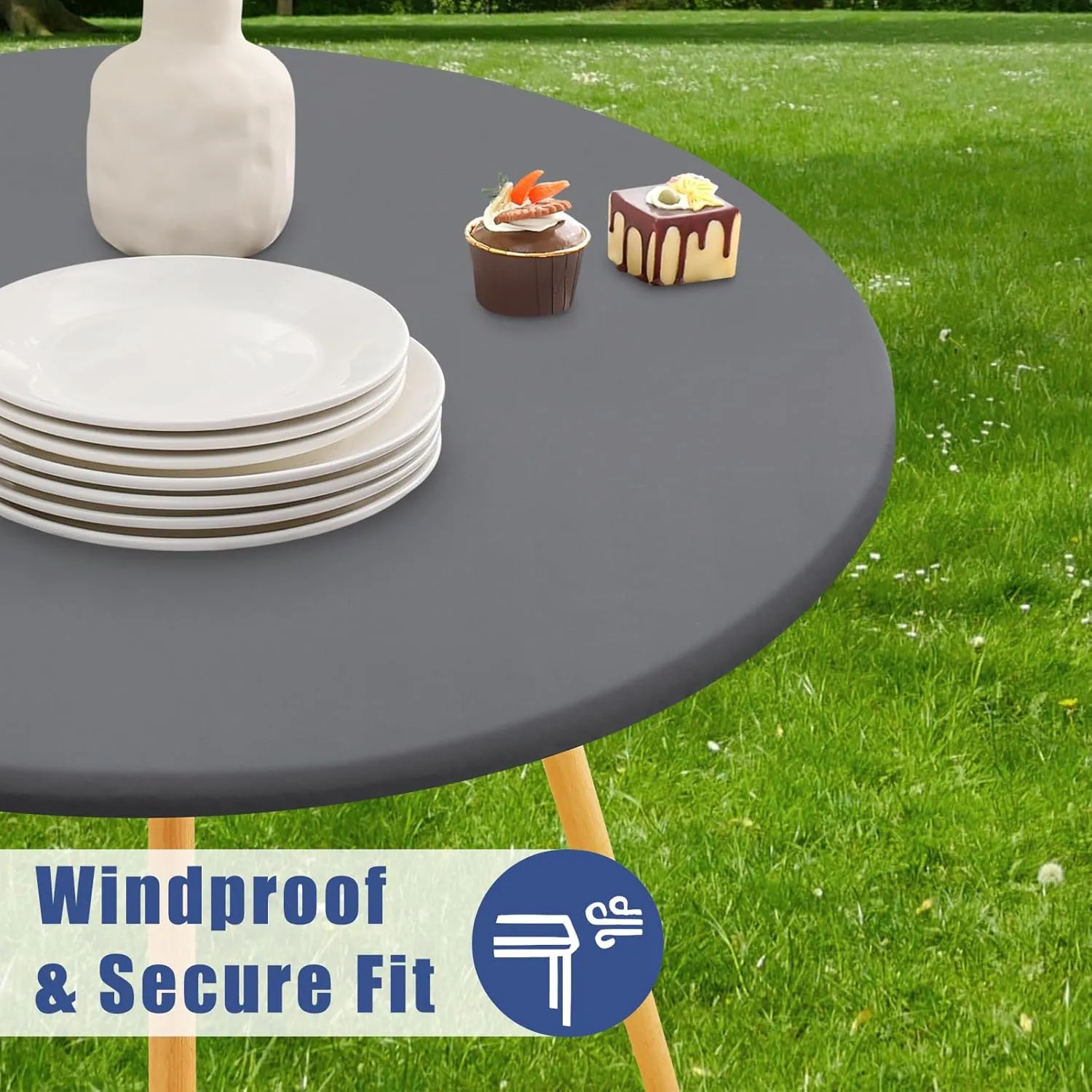 Round Spandex Table Cloth, Elastic Fitted Waterproof Tablecloths for 57"-68" Tables, Stretch Washable Picnic Table Cover for Camping, Dining, Indoor and Outdoor, Grey