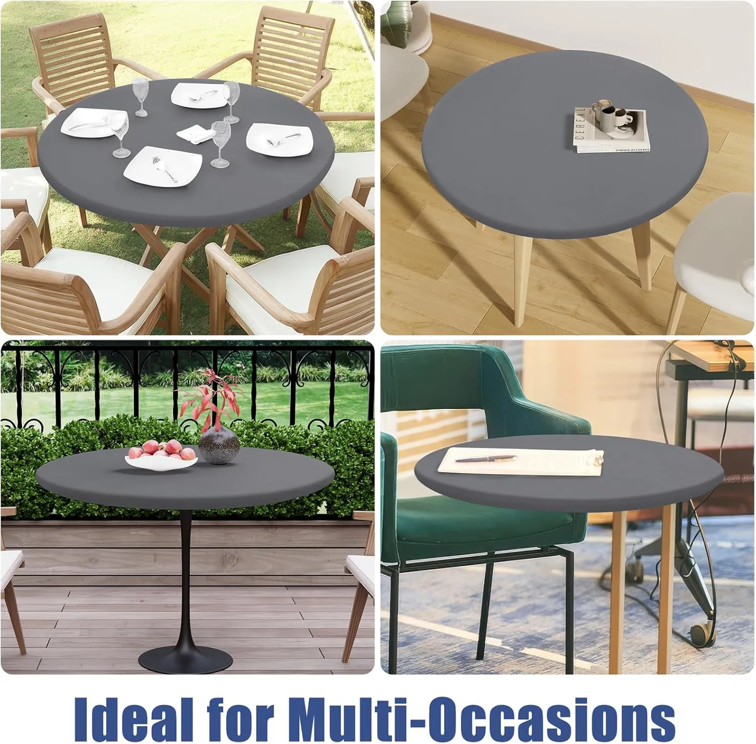 Round Spandex Table Cloth, Elastic Fitted Waterproof Tablecloths for 57"-68" Tables, Stretch Washable Picnic Table Cover for Camping, Dining, Indoor and Outdoor, Grey