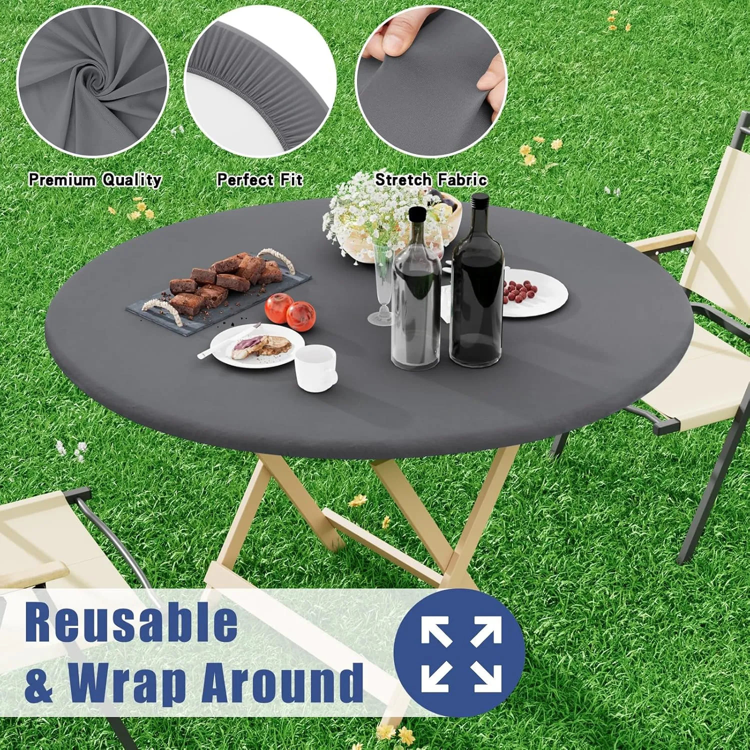 Round Spandex Table Cloth, Elastic Fitted Waterproof Tablecloths for 57"-68" Tables, Stretch Washable Picnic Table Cover for Camping, Dining, Indoor and Outdoor, Grey