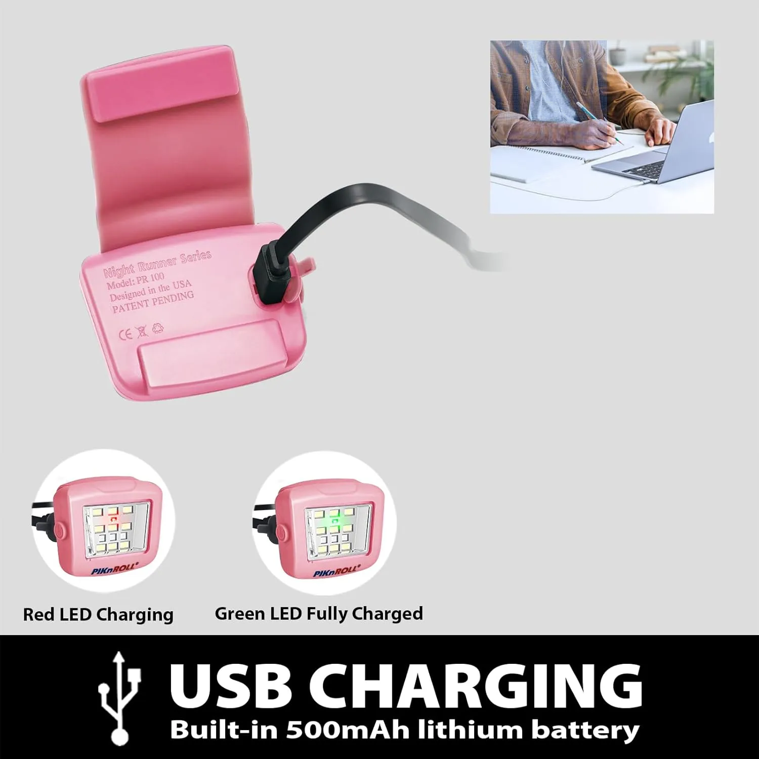 Running Lights, Waterproof LED Clip-On Light, 300 Lumens, USB Rechargeable, Suitable for Hiking, Running, Biking, Walking Dog, Car Repair, Emergency(2PCS,Pink)