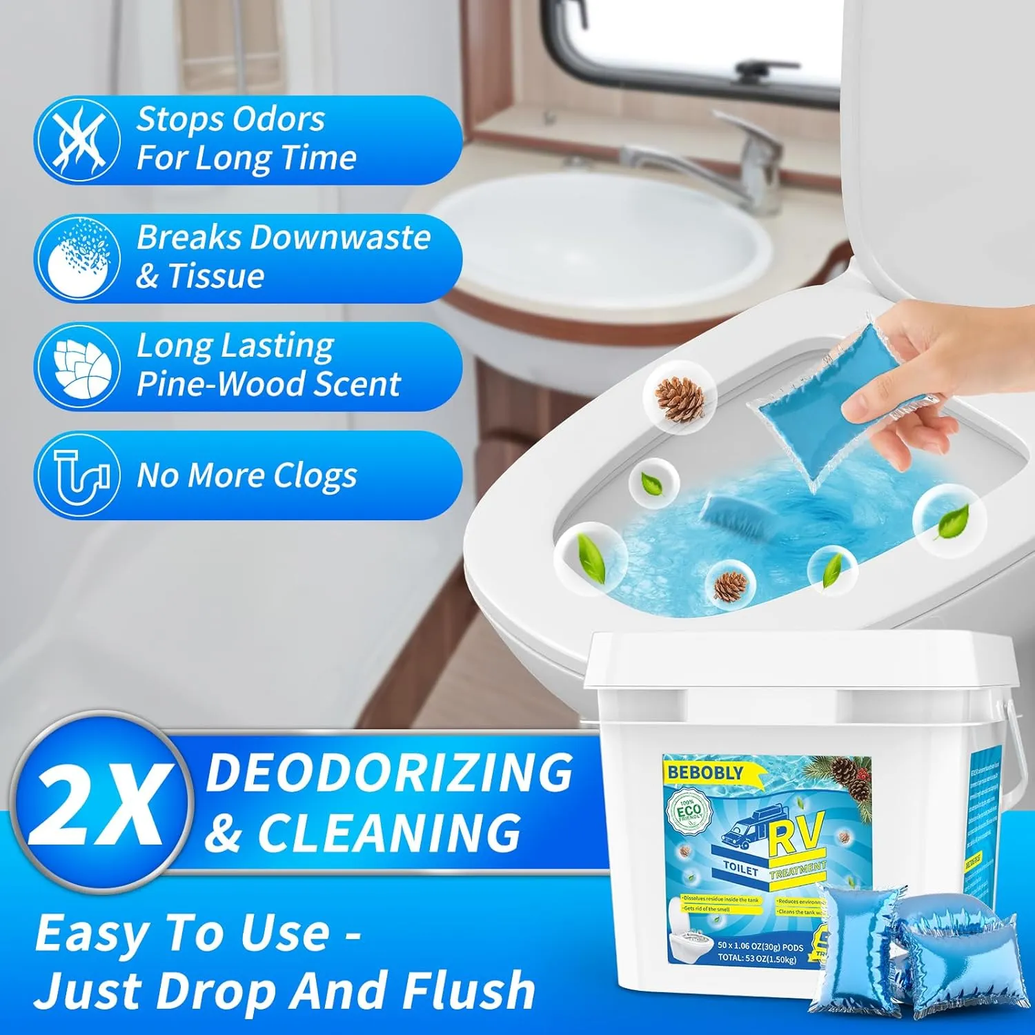 RV Toilet Treatment Drop Ins, Extra Strength Septic Tank Treatment & Cleaner, Waste Breakdown/Odor Control, RV Black Tank Treatment for RVs, Boats & Portable Toilets, Odor Eliminator (50 Pack)
