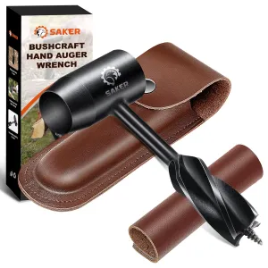 Saker Bushcraft Hand Auger Wrench,Survival Tools for Bushcraft,Scotch Eye Wood Auger Drill Bit,Manual Hole Maker Multitool with Leather Case Brown for Camping,Outdoor,Hiking