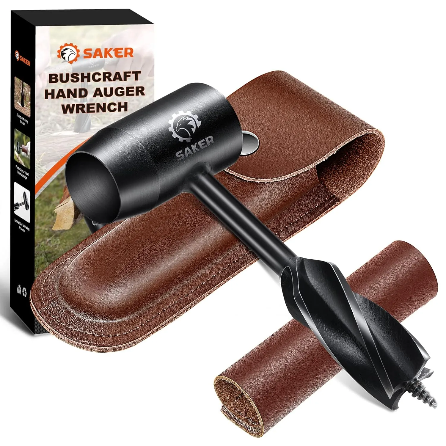 Saker Bushcraft Hand Auger Wrench,Survival Tools for Bushcraft,Scotch Eye Wood Auger Drill Bit,Manual Hole Maker Multitool with Leather Case Brown for Camping,Outdoor,Hiking