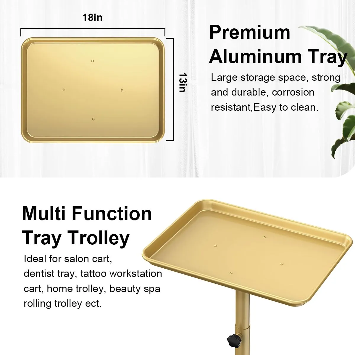 Salon Tray Cart Premium Aluminum Tattoo Tray, Champagne Gold Salon Rolling Tray, Height Adjustable Utility Trolley, Salon Tray on Wheels for Spa Hairstylist Clinic Dental