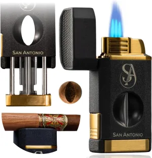 San Antonio Triple Flame Torch Cigar Lighter with Cutter - Refillable Butane Cigar Lighter, All-in-1 Cigar Accessories Set with V Cut Cigar Cutter, Cigar Holder - Perfect Cigar Gifts for Men