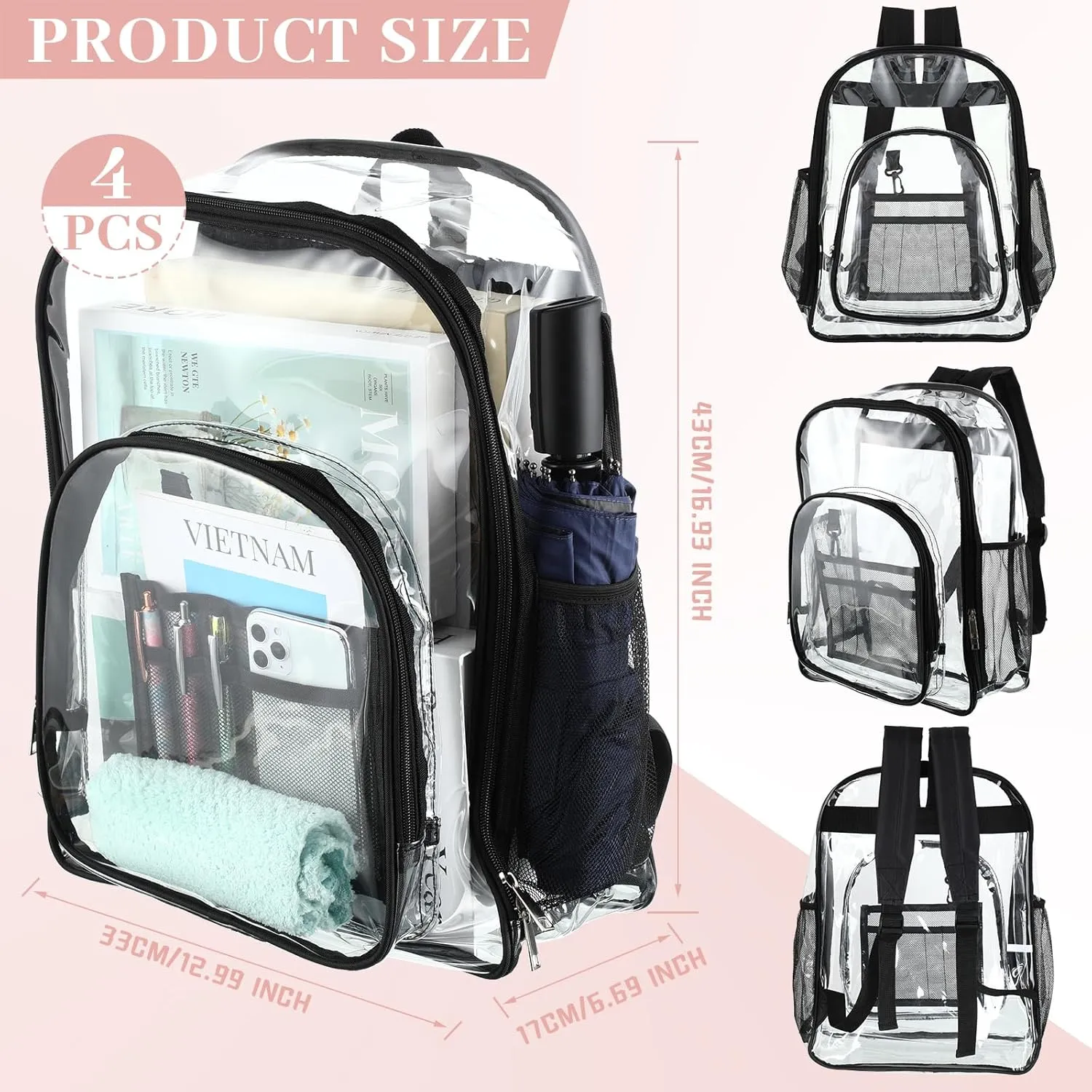 Sanwuta 4 Pcs 17 Inch Clear Backpack Bulk for Students, Heavy Duty PVC Transparent Backpack Stadium Approved Bookbag (Black)