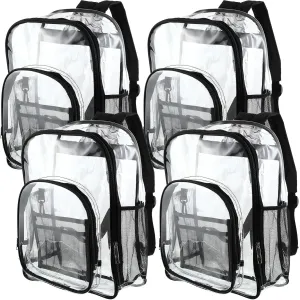 Sanwuta 4 Pcs 17 Inch Clear Backpack Bulk for Students, Heavy Duty PVC Transparent Backpack Stadium Approved Bookbag (Black)