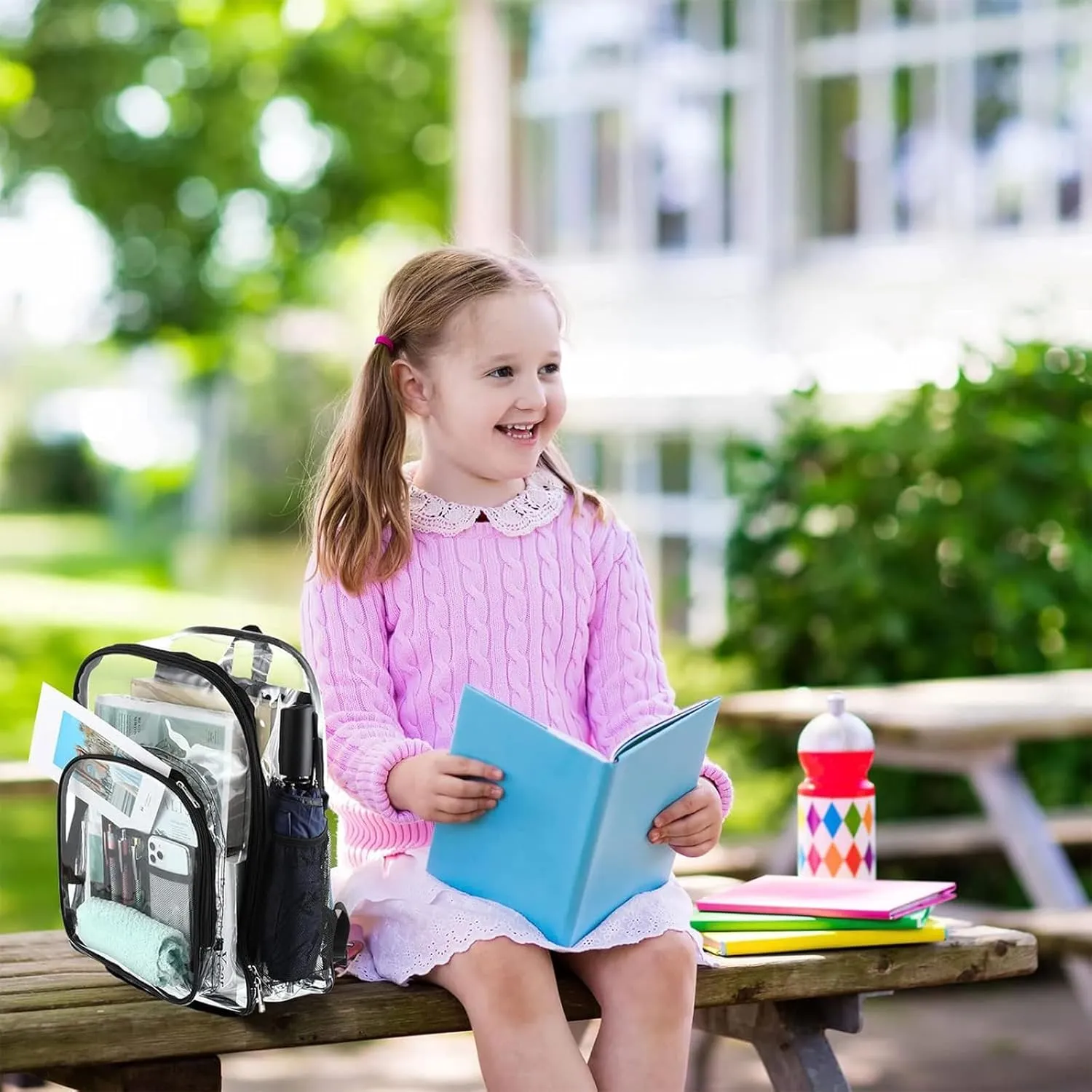 Sanwuta 4 Pcs 17 Inch Clear Backpack Bulk for Students, Heavy Duty PVC Transparent Backpack Stadium Approved Bookbag (Black)
