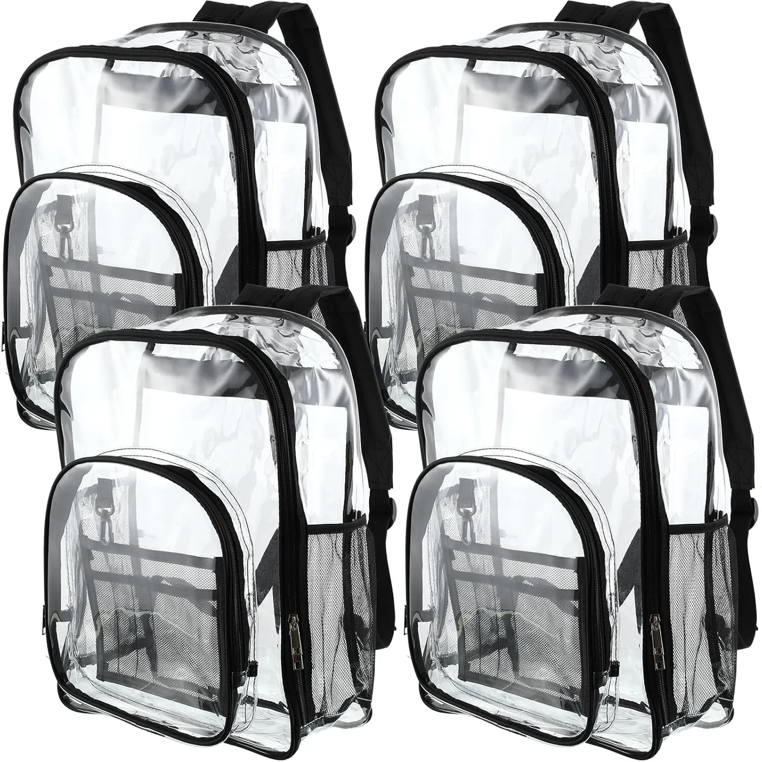 Sanwuta 4 Pcs 17 Inch Clear Backpack Bulk for Students, Heavy Duty PVC Transparent Backpack Stadium Approved Bookbag (Black)