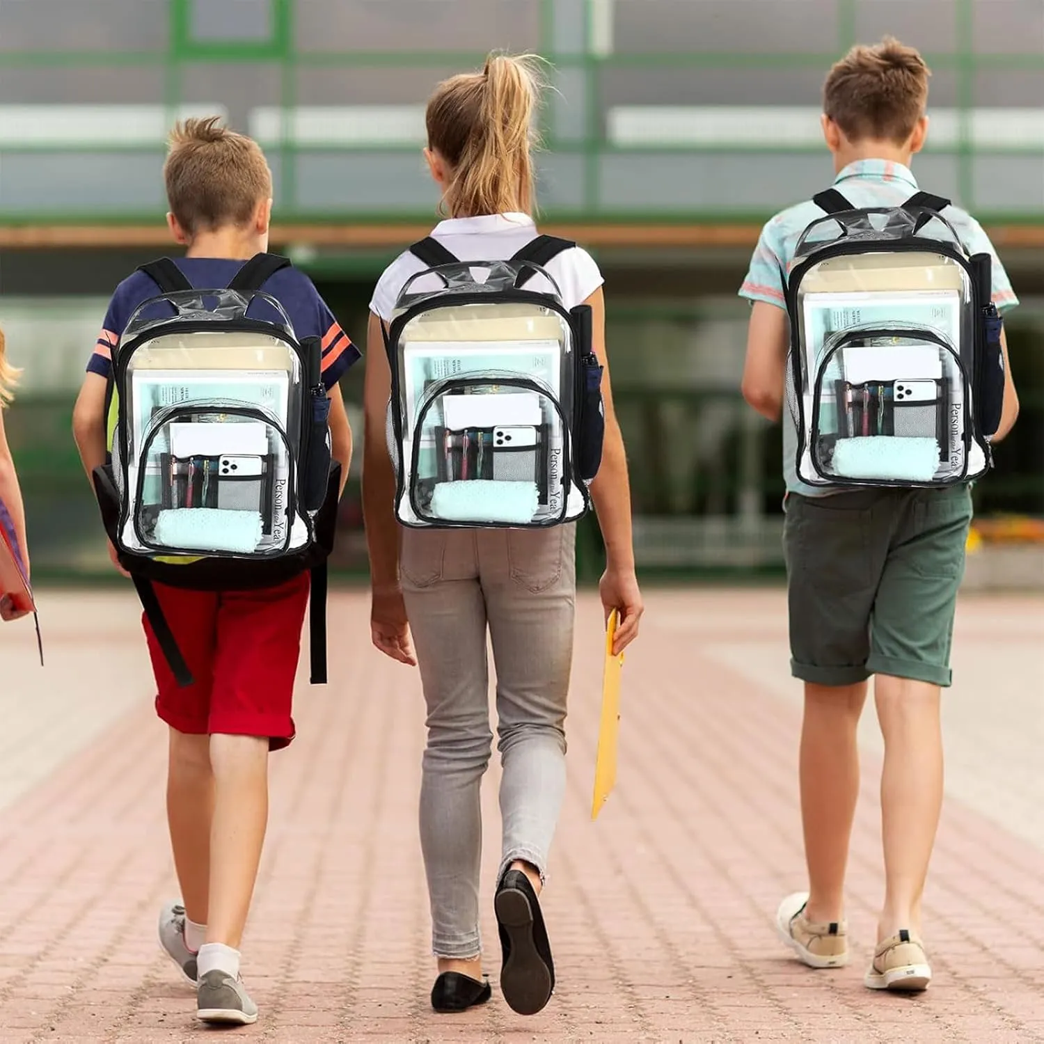 Sanwuta 4 Pcs 17 Inch Clear Backpack Bulk for Students, Heavy Duty PVC Transparent Backpack Stadium Approved Bookbag (Black)
