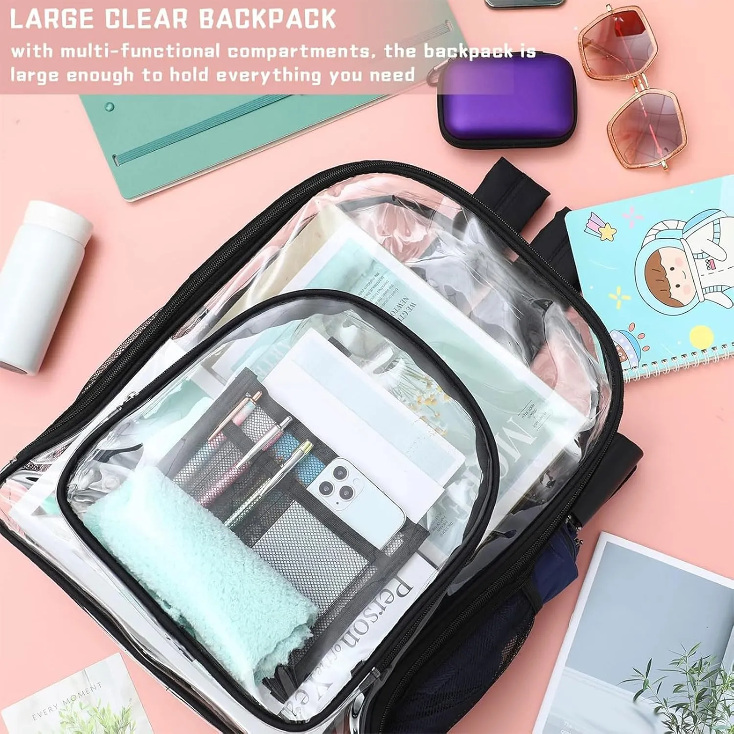 Sanwuta 4 Pcs 17 Inch Clear Backpack Bulk for Students, Heavy Duty PVC Transparent Backpack Stadium Approved Bookbag (Black)