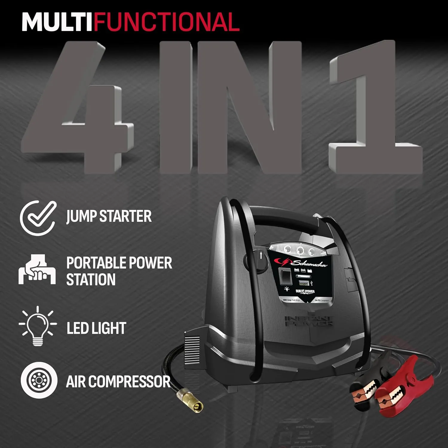 Schumacher SJ1330 1000 Peak Amp Jump Starter and Air Compressor with 12V USB Portable Power Ports