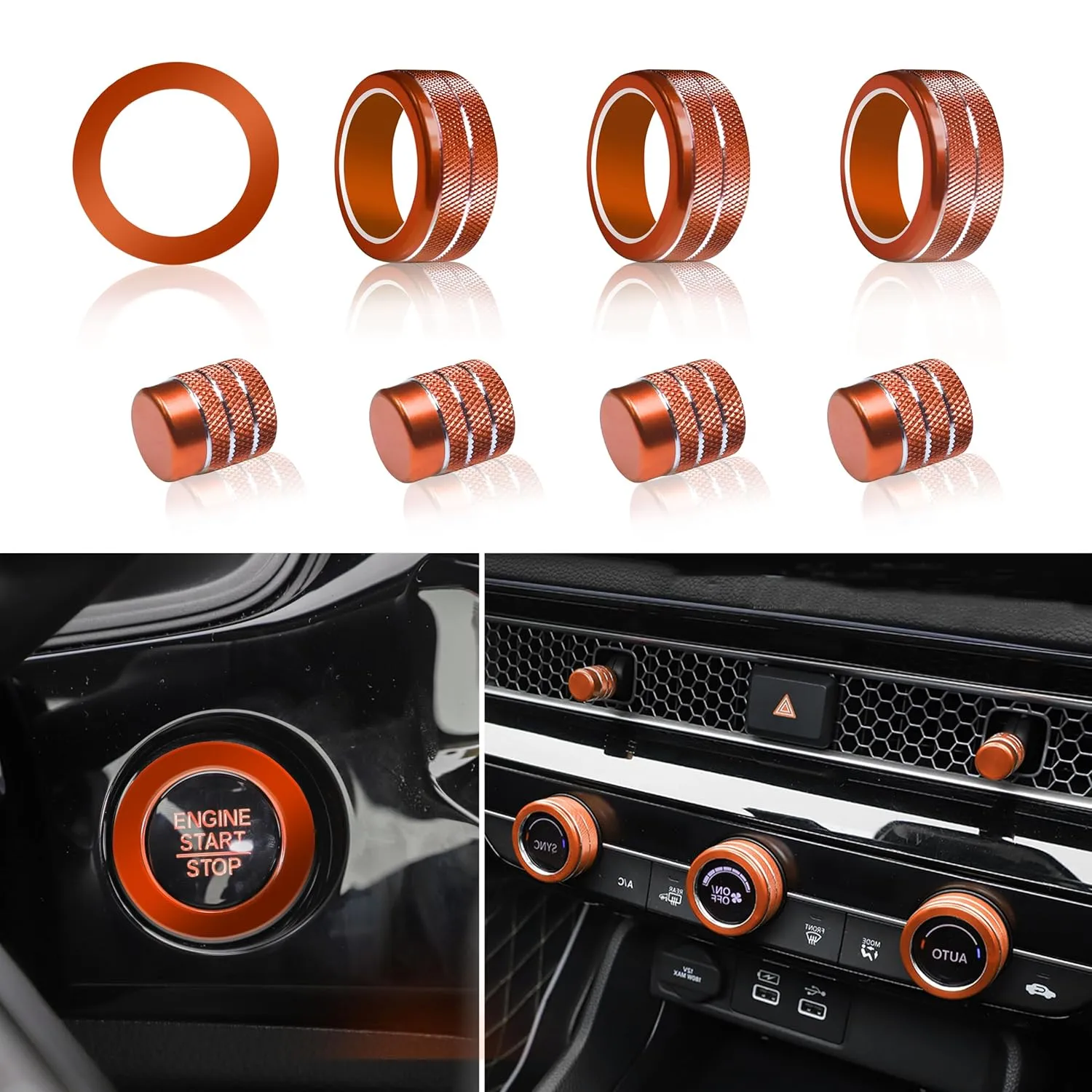 SENSHINE Air Conditioning, Vent Knob Cover for Honda Civic Accessories 2022 2023 2024 2025 for Honda CRV 2023 2024 2025 for Acura Integra 2023 2024 2025 Start/Stop Push Button Ring Trim 10Pcs (Orange)