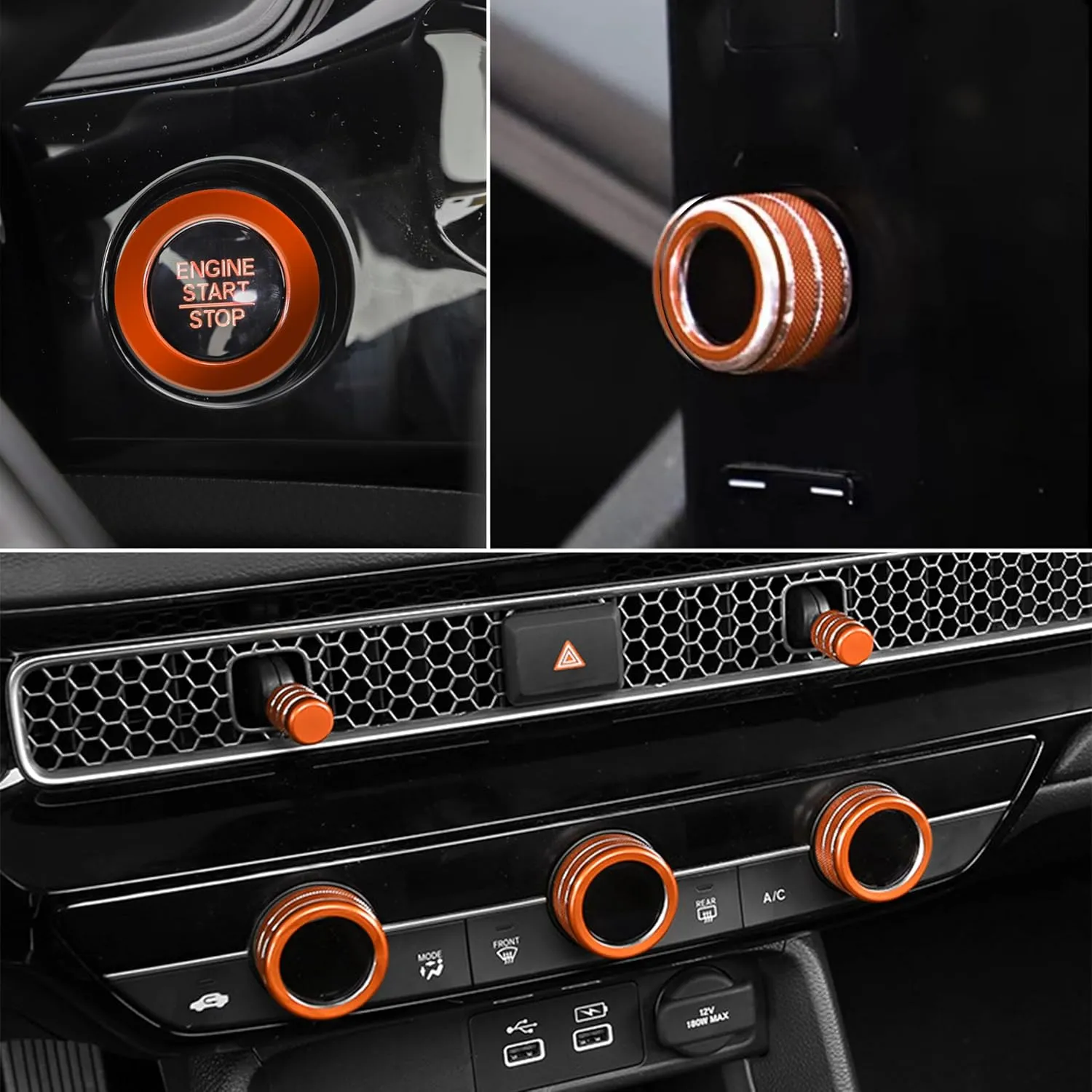 SENSHINE Air Conditioning, Vent Knob Cover for Honda Civic Accessories 2022 2023 2024 2025 for Honda CRV 2023 2024 2025 for Acura Integra 2023 2024 2025 Start/Stop Push Button Ring Trim 10Pcs (Orange)