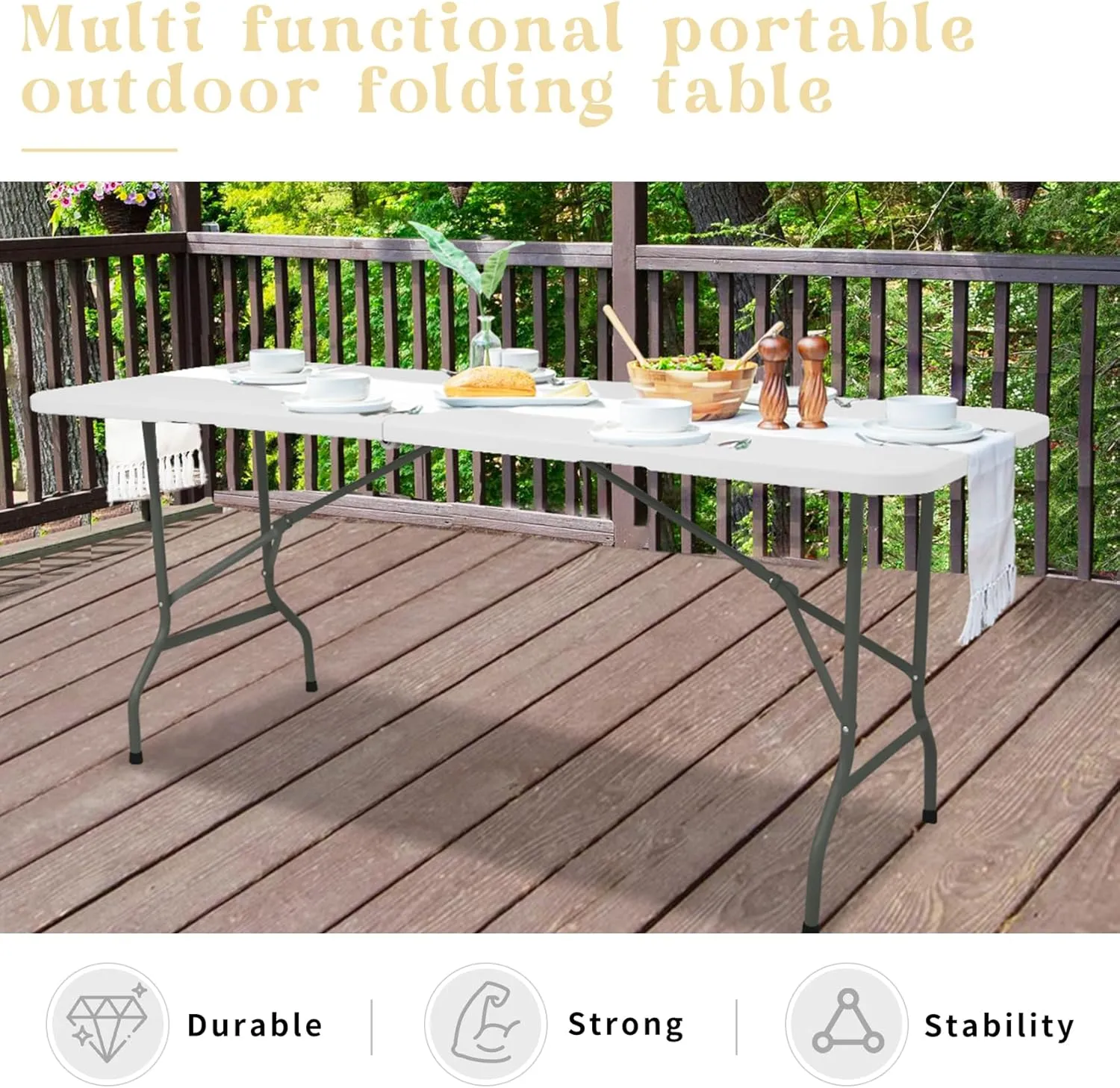 Set of 2 Folding Table 6 FT Camping Table Portable Heavy Duty Plastic Rectangular Outdoor Dining Table Steel Legs Fold-in-Half with Carrying Handle for Indoor,Picnic,Party,Wedding,Events(White)