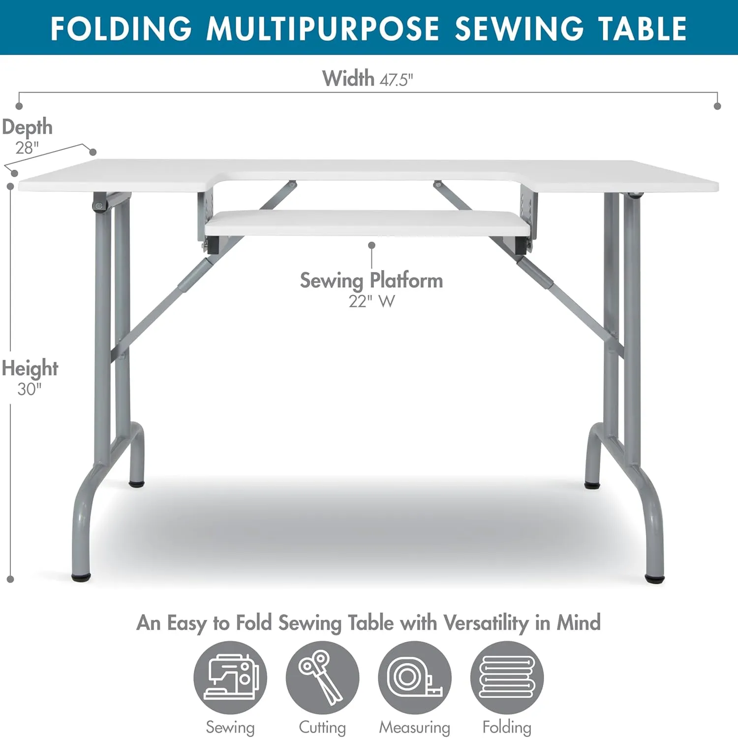 Sew Ready Folding Multipurpose Sewing Table - 47.5" W x 28" D Foldable White Hobby and Sewing Machine Table with Adjustable Shelf - Can Also Be Used as Computer Desk