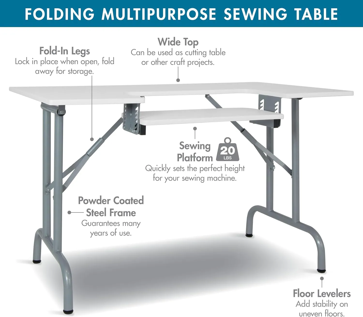 Sew Ready Folding Multipurpose Sewing Table - 47.5" W x 28" D Foldable White Hobby and Sewing Machine Table with Adjustable Shelf - Can Also Be Used as Computer Desk