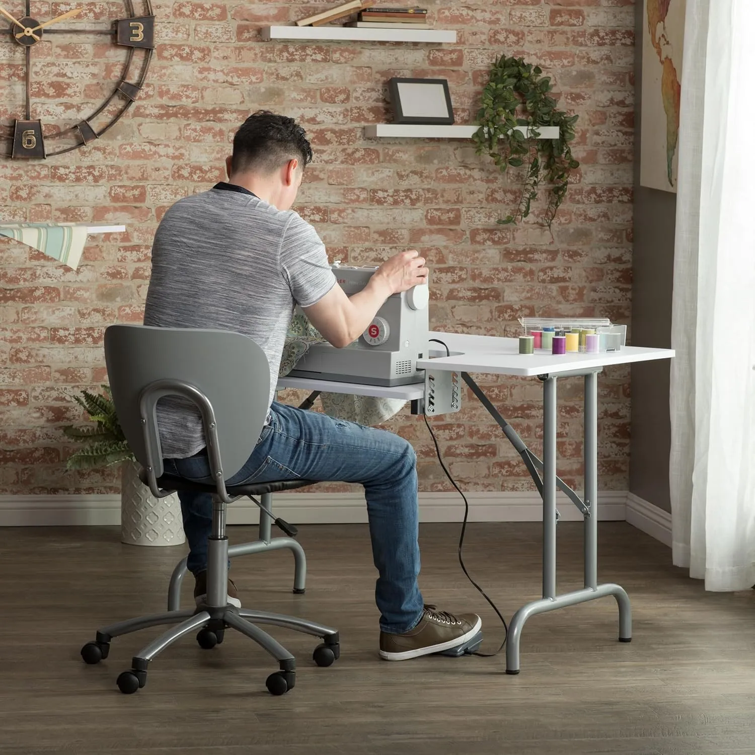 Sew Ready Folding Multipurpose Sewing Table - 47.5" W x 28" D Foldable White Hobby and Sewing Machine Table with Adjustable Shelf - Can Also Be Used as Computer Desk