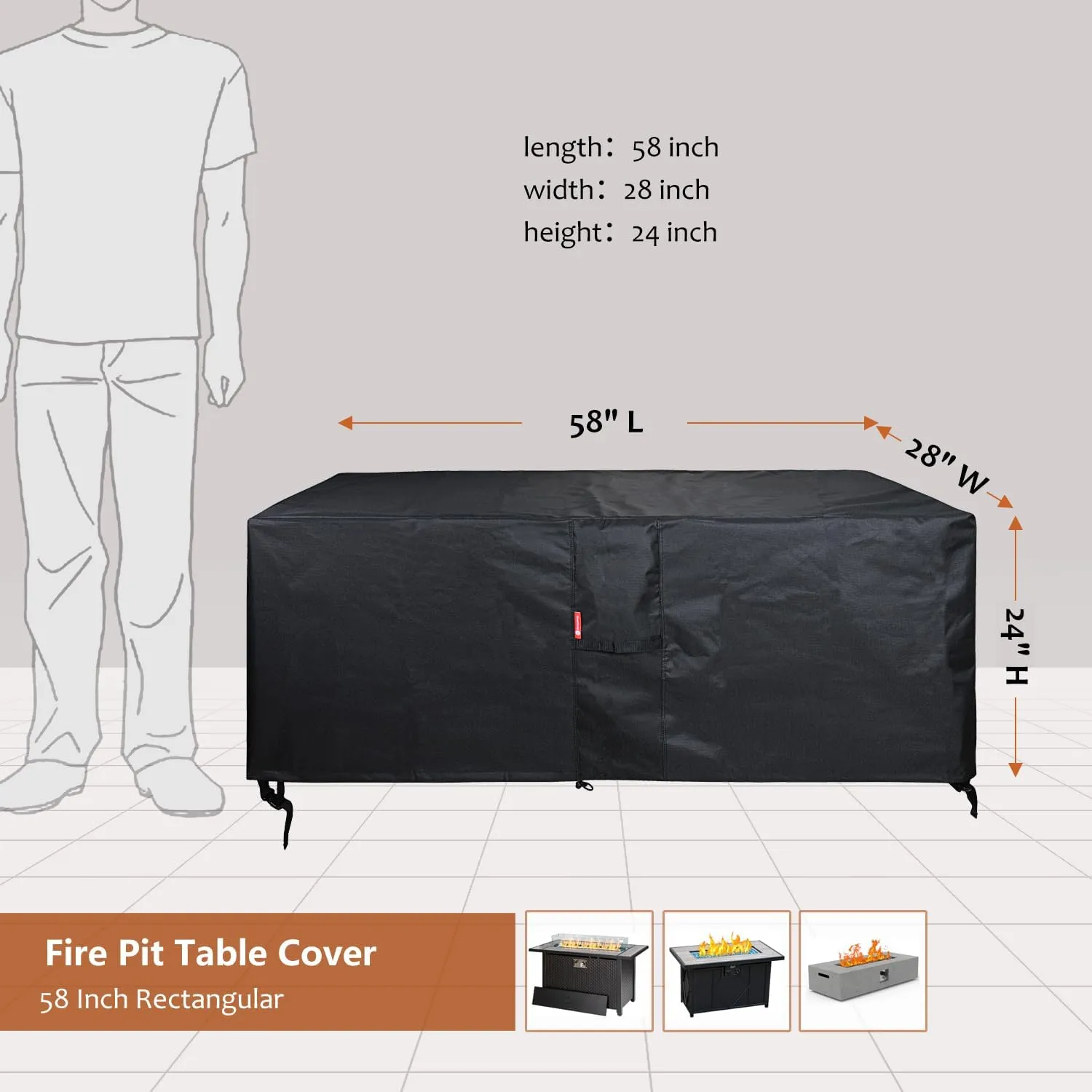 SheeChung Rectangular Fire Pit Cover,Fits 54-58 Inch-Outdoor Waterproof Anti-UV Patio Furniture Gas Fire Pit Table,58 x 28 x 24 Inches, Black