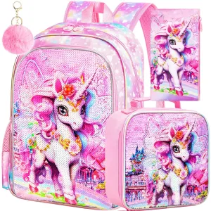 Shimmer Unicorn 3-Piece Girls Backpack Kit - Includes Lunch Bag