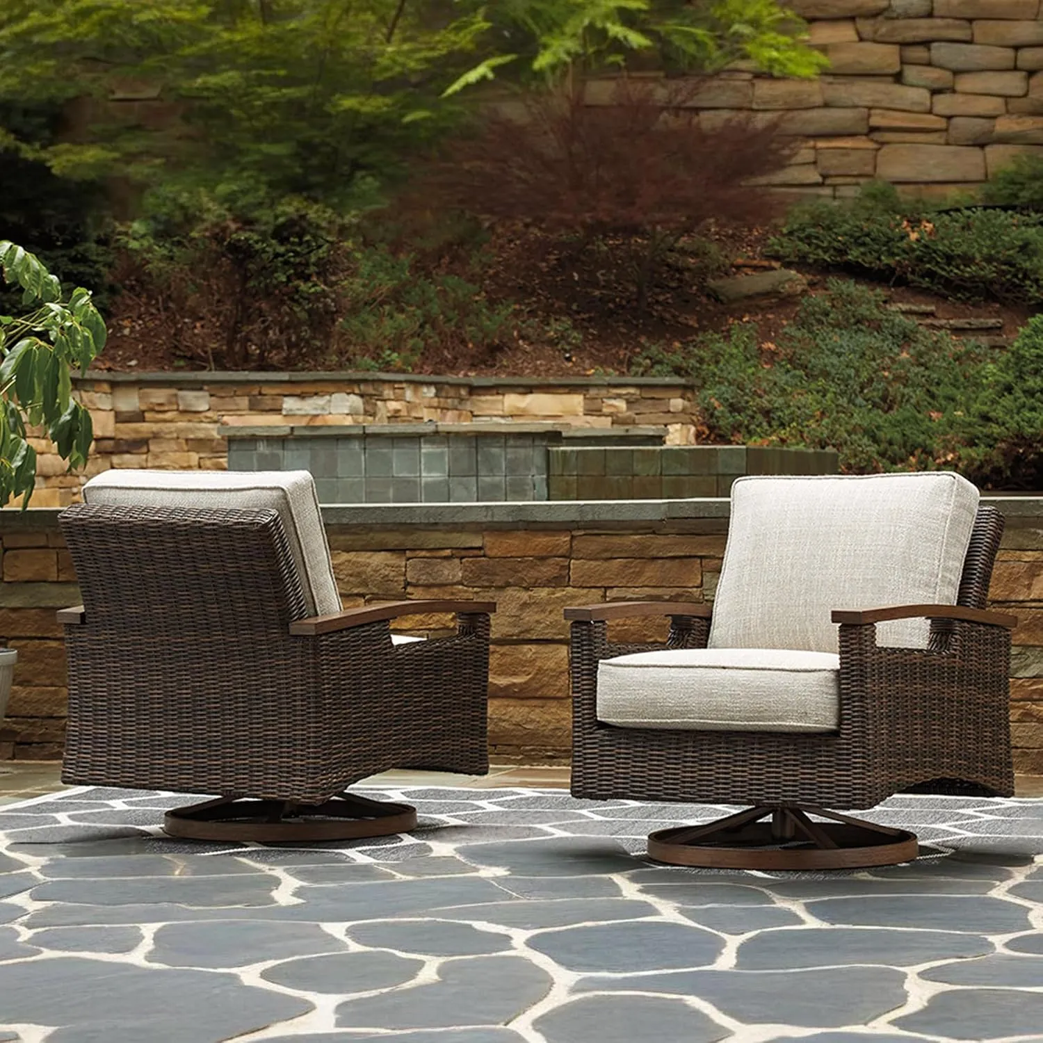 Signature Design by Ashley Paradise Trail Outdoor Swivel Upholstered Lounge Chair Set, 2 Count, Beige