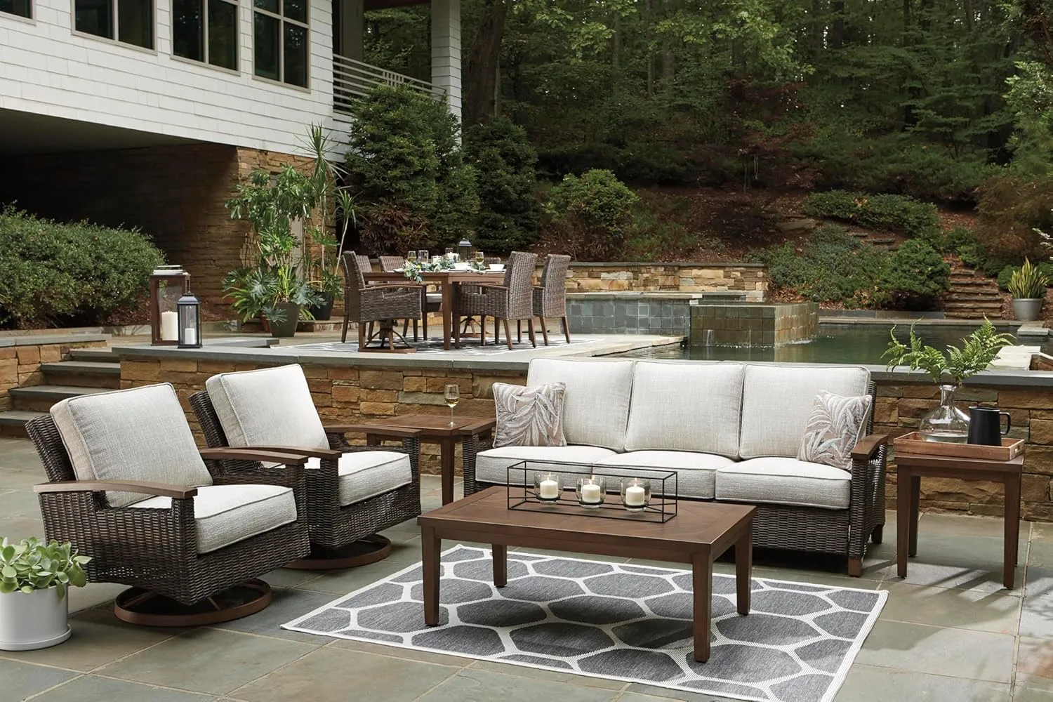 Signature Design by Ashley Paradise Trail Outdoor Swivel Upholstered Lounge Chair Set, 2 Count, Beige