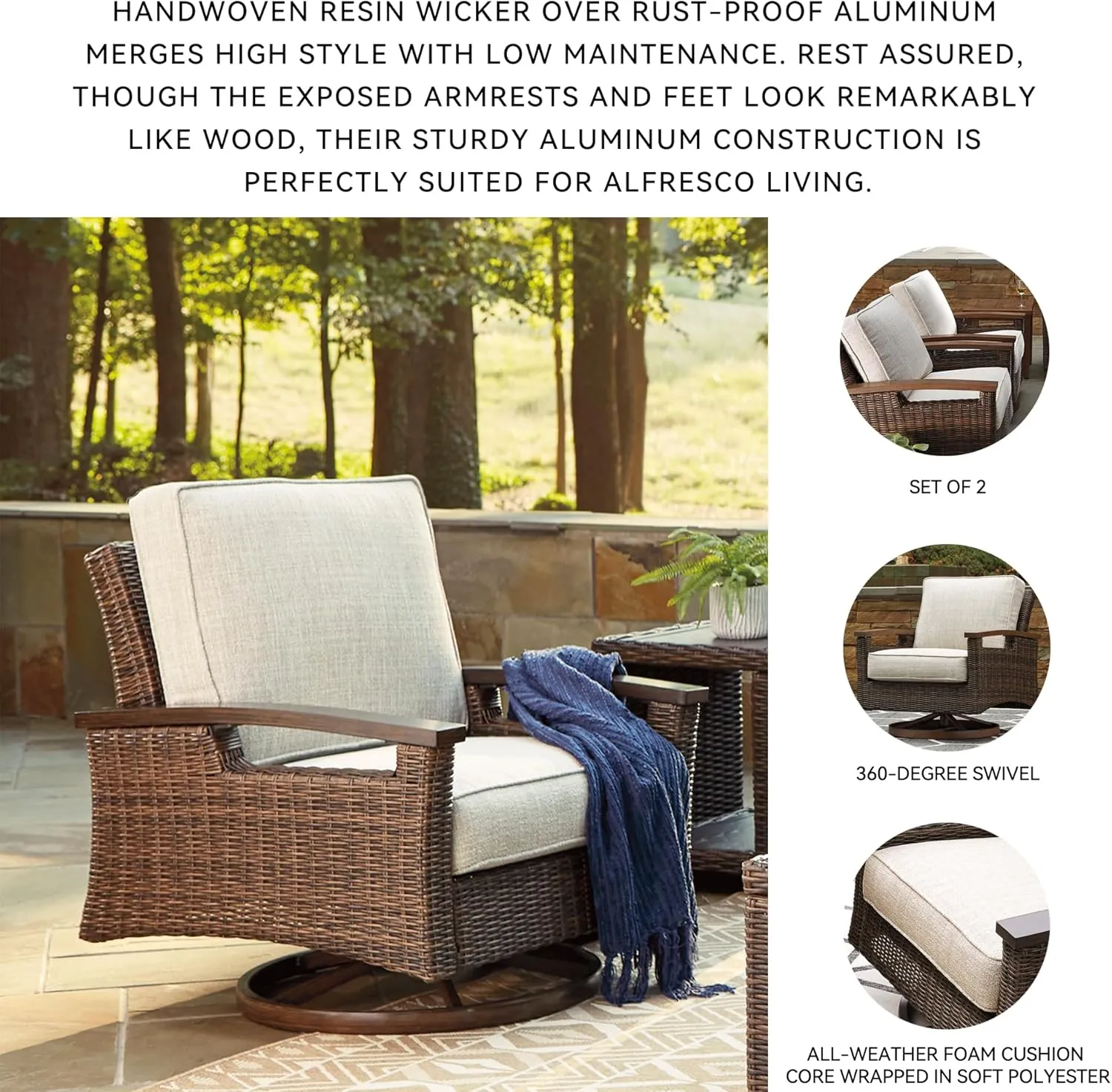 Signature Design by Ashley Paradise Trail Outdoor Swivel Upholstered Lounge Chair Set, 2 Count, Beige