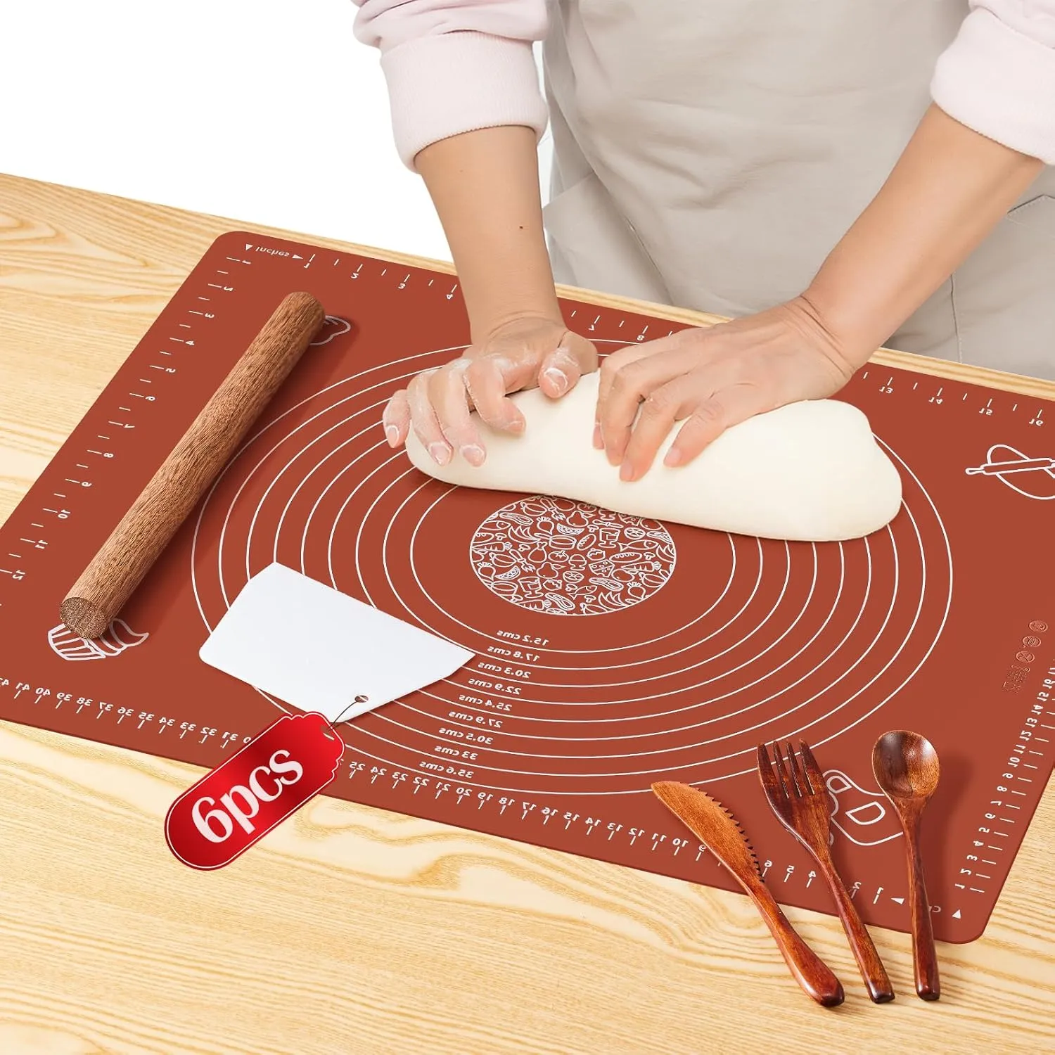 Silicone Baking Mats Set of 6,Non-stick Pastry Mat with Wooden Rolling Pin/Knife/Fork/Spoon/Scraper,28''*20'' Dough Mat for Counter,Extra Thick Kneading Mat Set with Measurements,Rolling Pin with Mat